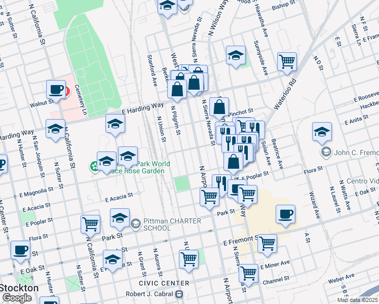 map of restaurants, bars, coffee shops, grocery stores, and more near 1224 East Roosevelt Street in Stockton