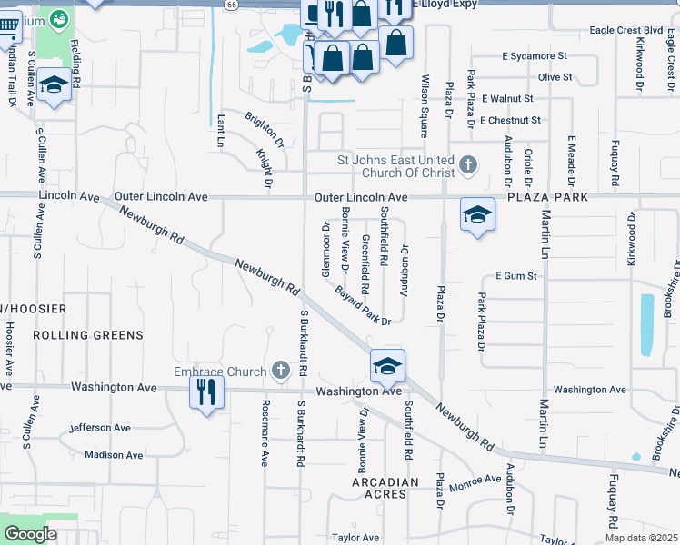 map of restaurants, bars, coffee shops, grocery stores, and more near 721 Bonnie View Drive in Evansville