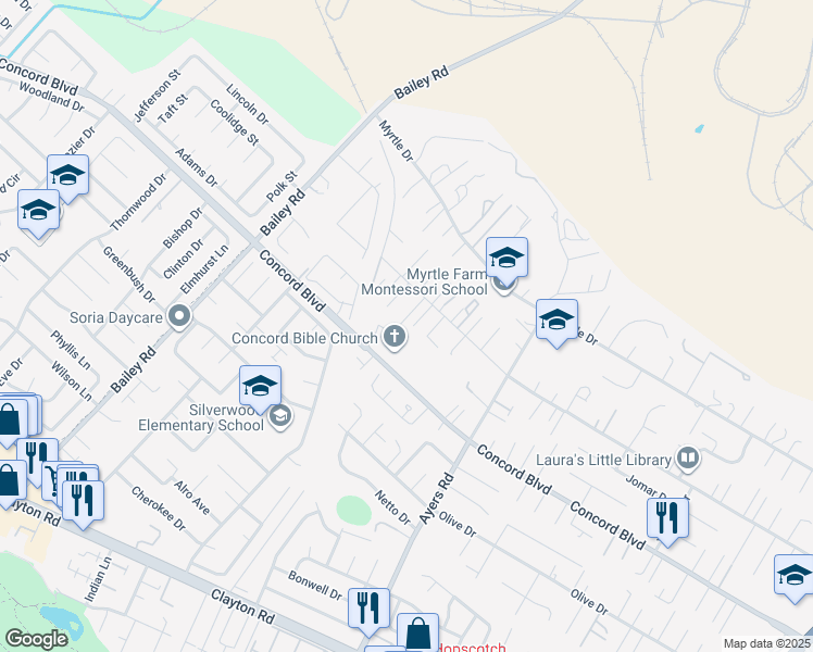 map of restaurants, bars, coffee shops, grocery stores, and more near 1840 Earl Lane in Concord