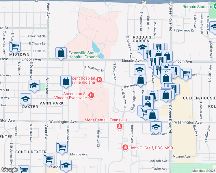 map of restaurants, bars, coffee shops, grocery stores, and more near 3951 Bellemeade Avenue in Evansville