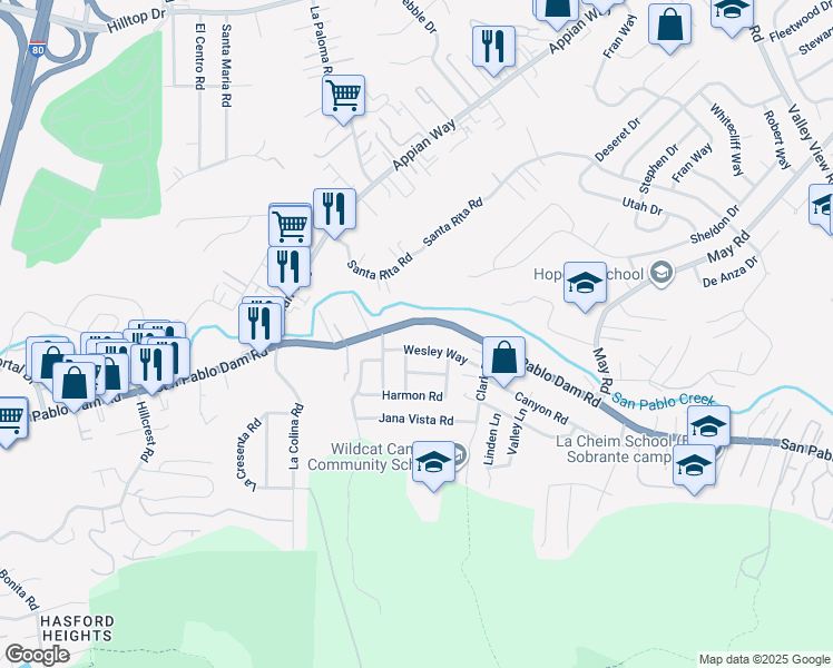 map of restaurants, bars, coffee shops, grocery stores, and more near 4350 San Pablo Dam Road in El Sobrante