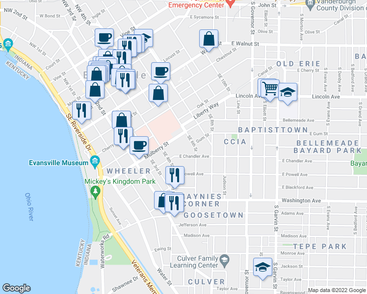 map of restaurants, bars, coffee shops, grocery stores, and more near 30 East Chandler Avenue in Evansville