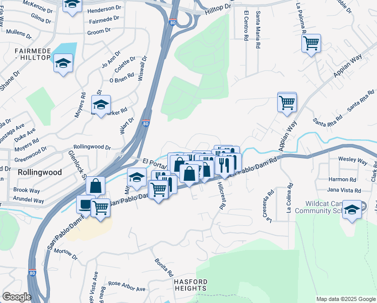 map of restaurants, bars, coffee shops, grocery stores, and more near 3786 Vía Verdi in Richmond