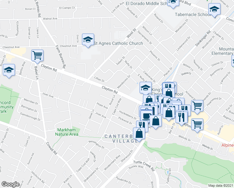 map of restaurants, bars, coffee shops, grocery stores, and more near 4110 Clayton Road in Concord