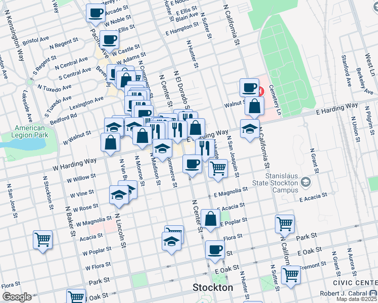 map of restaurants, bars, coffee shops, grocery stores, and more near 11 East Willow Street in Stockton