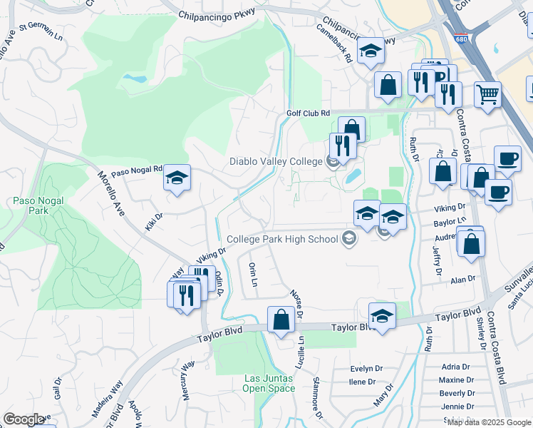 map of restaurants, bars, coffee shops, grocery stores, and more near 2100 Norse Drive in Pleasant Hill