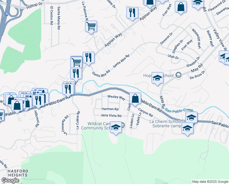 map of restaurants, bars, coffee shops, grocery stores, and more near 4350 San Pablo Dam Road in El Sobrante