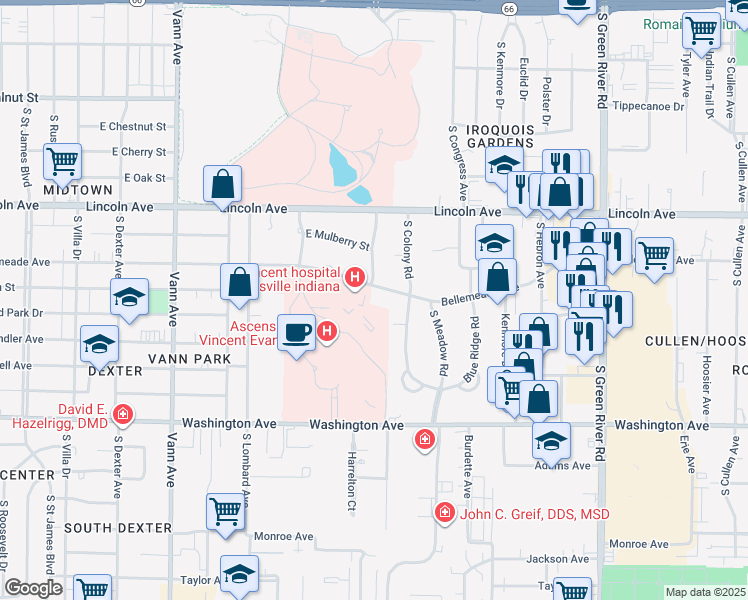 map of restaurants, bars, coffee shops, grocery stores, and more near 3951 Bellemeade Avenue in Evansville