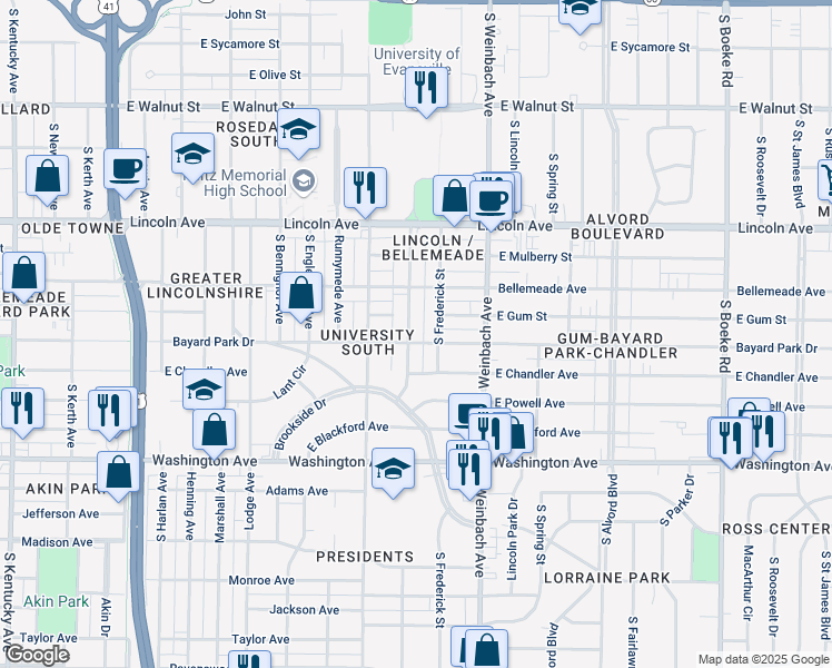 map of restaurants, bars, coffee shops, grocery stores, and more near 737 South Norman Avenue in Evansville