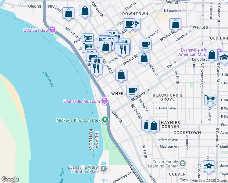 map of restaurants, bars, coffee shops, grocery stores, and more near 400 Southeast 1st Street in Evansville