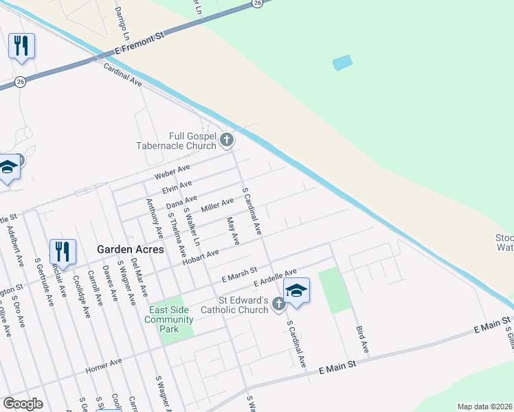 map of restaurants, bars, coffee shops, grocery stores, and more near 5411 Washington Street in Stockton