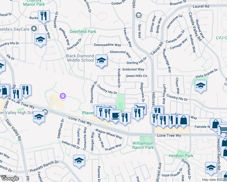 map of restaurants, bars, coffee shops, grocery stores, and more near 4841 Country Hills Drive in Antioch