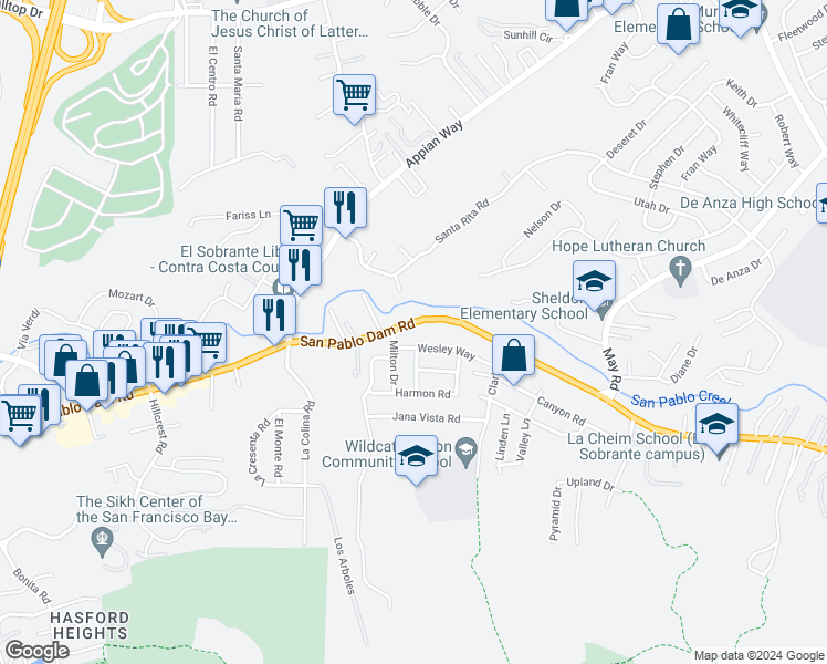 map of restaurants, bars, coffee shops, grocery stores, and more near 4320 San Pablo Dam Road in El Sobrante