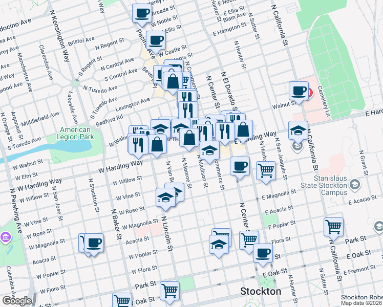 map of restaurants, bars, coffee shops, grocery stores, and more near 244 West Harding Way in Stockton