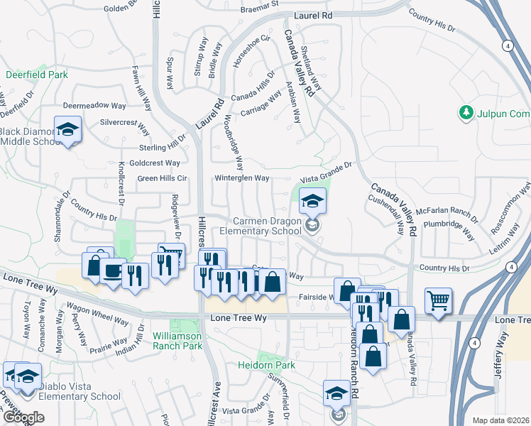 map of restaurants, bars, coffee shops, grocery stores, and more near 4839 Chism Way in Antioch