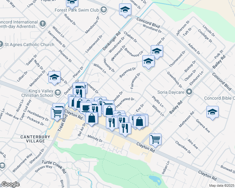 map of restaurants, bars, coffee shops, grocery stores, and more near 1579 Dianda Drive in Concord