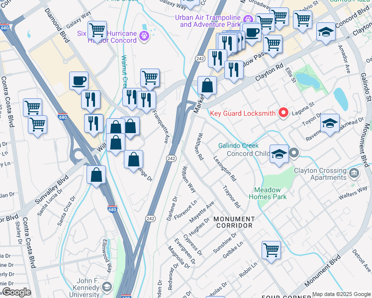 map of restaurants, bars, coffee shops, grocery stores, and more near 1569 Waltham Road in Concord