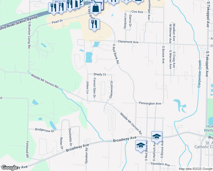 map of restaurants, bars, coffee shops, grocery stores, and more near 4723 Meadow Crest Ct in Evansville