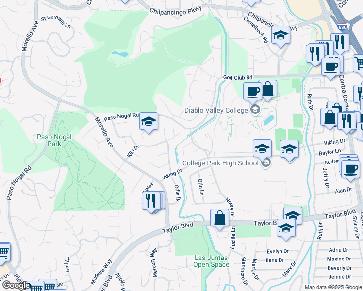 map of restaurants, bars, coffee shops, grocery stores, and more near 22 Bliss Court in Pleasant Hill
