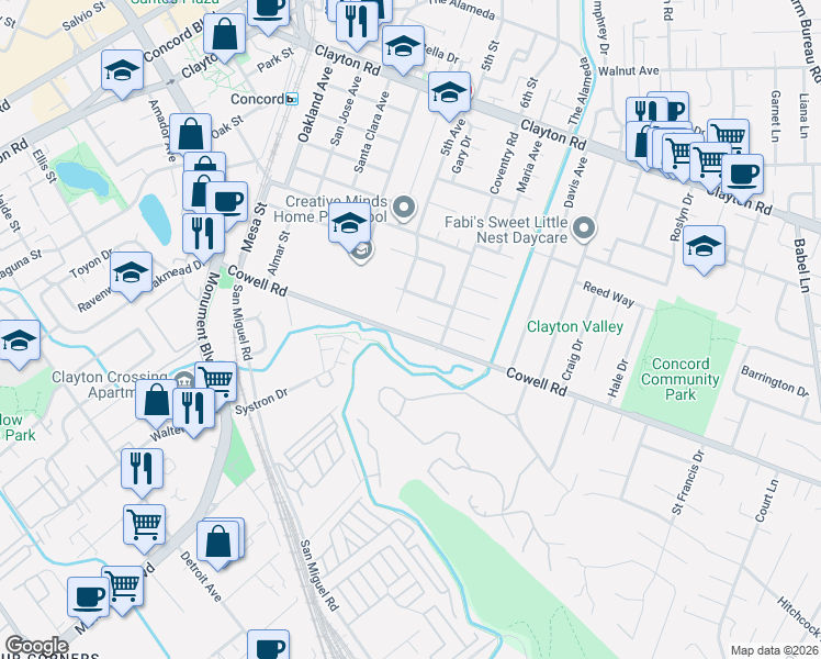 map of restaurants, bars, coffee shops, grocery stores, and more near 3131 Cowell Rd in Concord