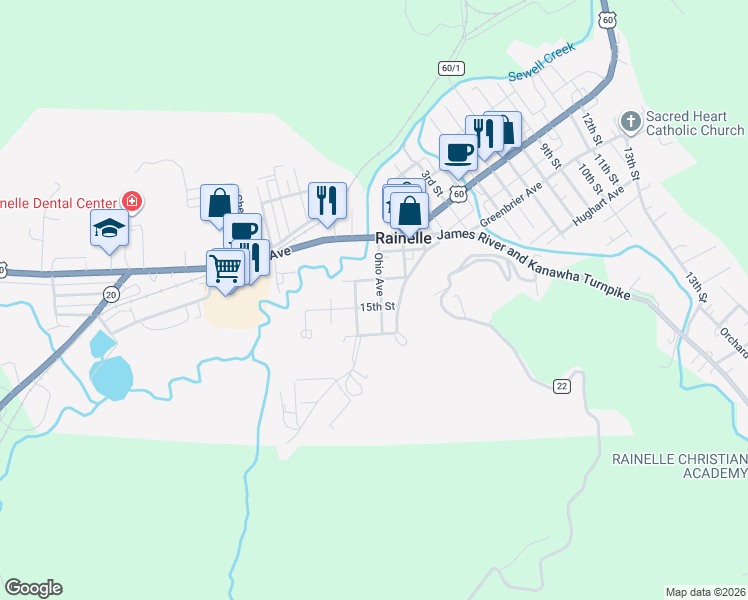 map of restaurants, bars, coffee shops, grocery stores, and more near 401-411 Penn Ave in Rainelle