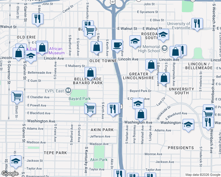 map of restaurants, bars, coffee shops, grocery stores, and more near 1120 Bayard Park Drive in Evansville
