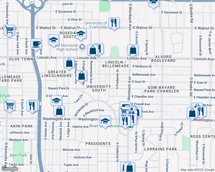 map of restaurants, bars, coffee shops, grocery stores, and more near 737 South Norman Avenue in Evansville