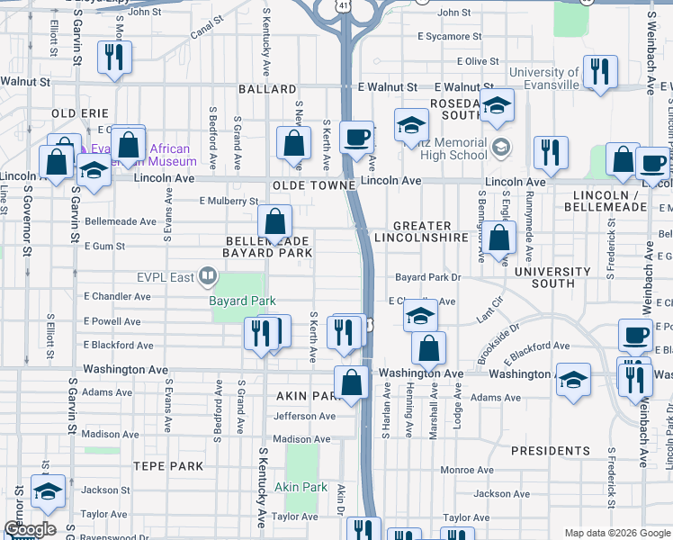 map of restaurants, bars, coffee shops, grocery stores, and more near 1120 Bayard Park Drive in Evansville