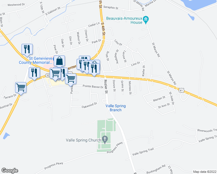 map of restaurants, bars, coffee shops, grocery stores, and more near 730 Rozier Street in Ste. Genevieve