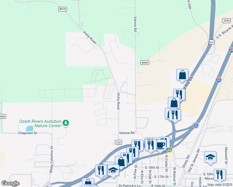 map of restaurants, bars, coffee shops, grocery stores, and more near 2307 Vichy Road in Rolla