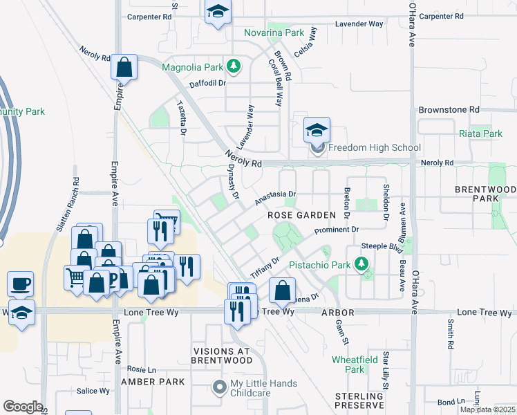 map of restaurants, bars, coffee shops, grocery stores, and more near 1796 Anastasia Drive in Brentwood