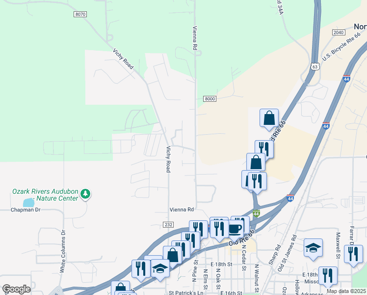 map of restaurants, bars, coffee shops, grocery stores, and more near Coplin Court in Rolla