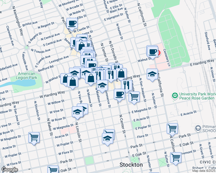 map of restaurants, bars, coffee shops, grocery stores, and more near 1430 North Commerce Street in Stockton