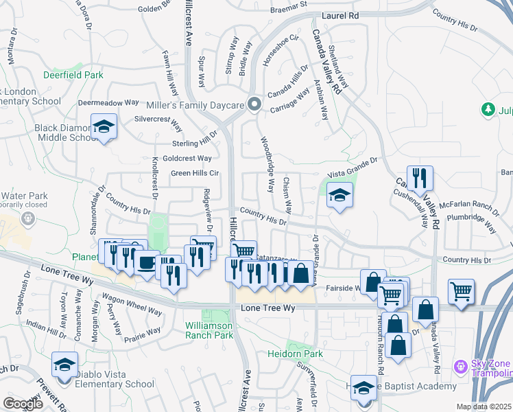 map of restaurants, bars, coffee shops, grocery stores, and more near 4866 Vinewood Way in Antioch