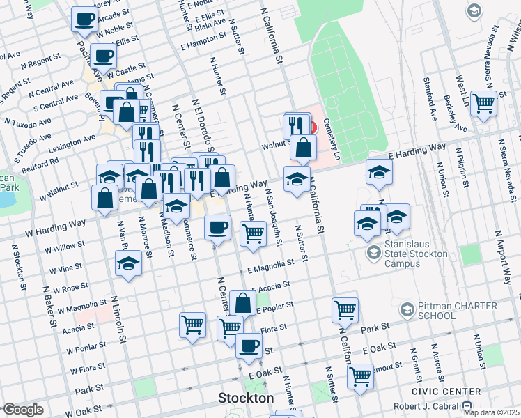 map of restaurants, bars, coffee shops, grocery stores, and more near 220 East Willow Street in Stockton