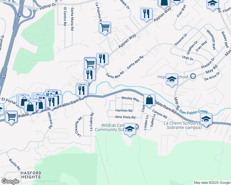 map of restaurants, bars, coffee shops, grocery stores, and more near San Pablo Dam Rd & Milton Dr in El Sobrante