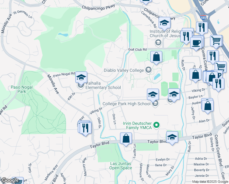 map of restaurants, bars, coffee shops, grocery stores, and more near 2071 Norse Drive in Pleasant Hill