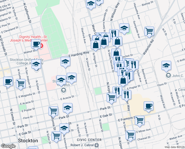 map of restaurants, bars, coffee shops, grocery stores, and more near 1080 North Union Street in Stockton