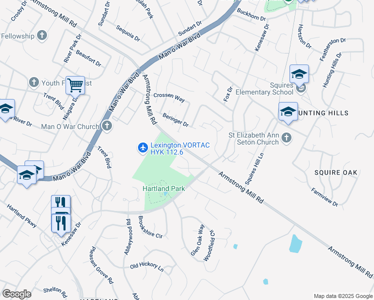 map of restaurants, bars, coffee shops, grocery stores, and more near 2230 Armstrong Mill Road in Lexington