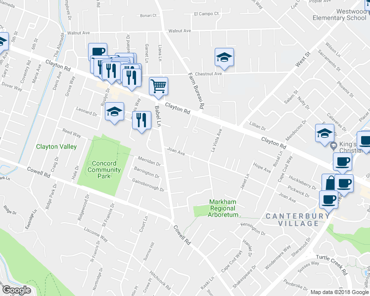 map of restaurants, bars, coffee shops, grocery stores, and more near 3741 Joan Avenue in Concord