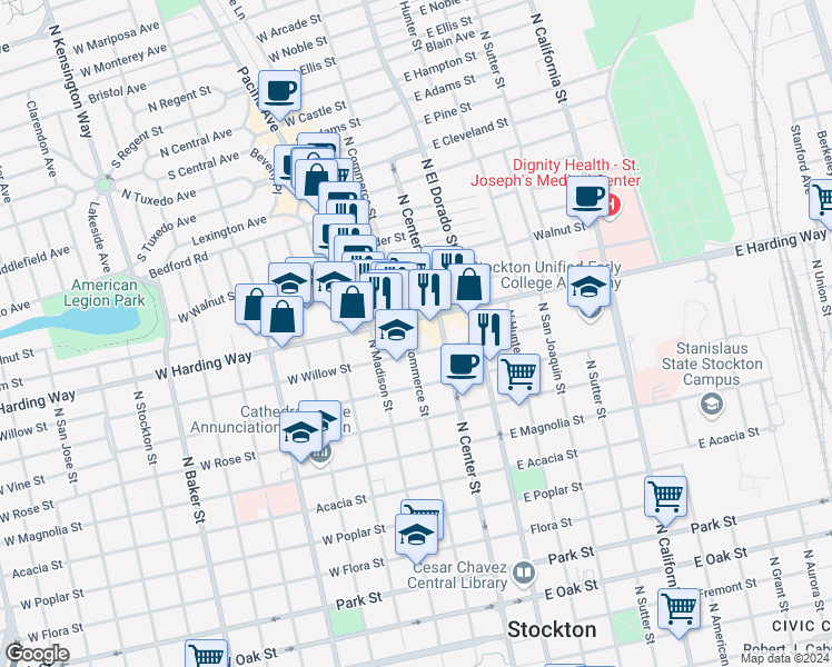 map of restaurants, bars, coffee shops, grocery stores, and more near 1422 North Commerce Street in Stockton