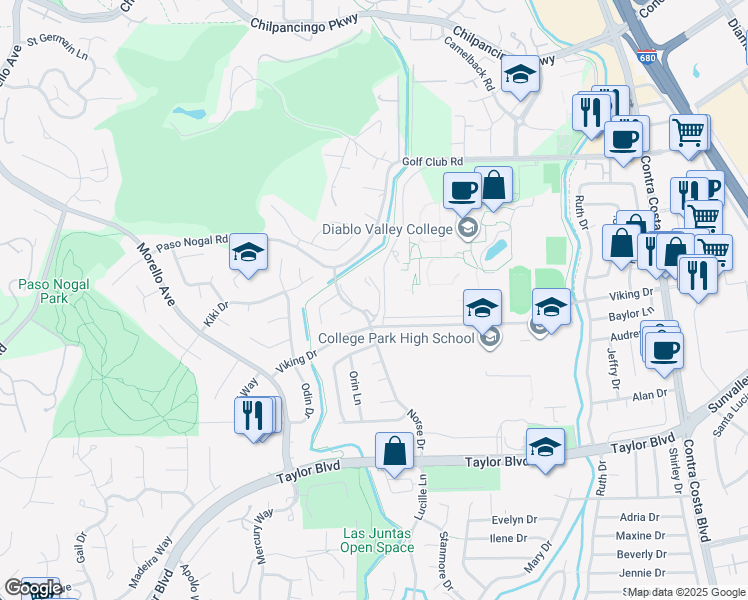 map of restaurants, bars, coffee shops, grocery stores, and more near 2100 Norse Drive in Pleasant Hill