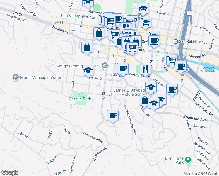 map of restaurants, bars, coffee shops, grocery stores, and more near 318A C Street in San Rafael
