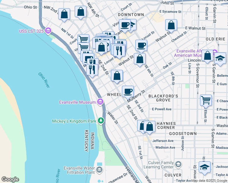 map of restaurants, bars, coffee shops, grocery stores, and more near 400 Southeast 1st Street in Evansville