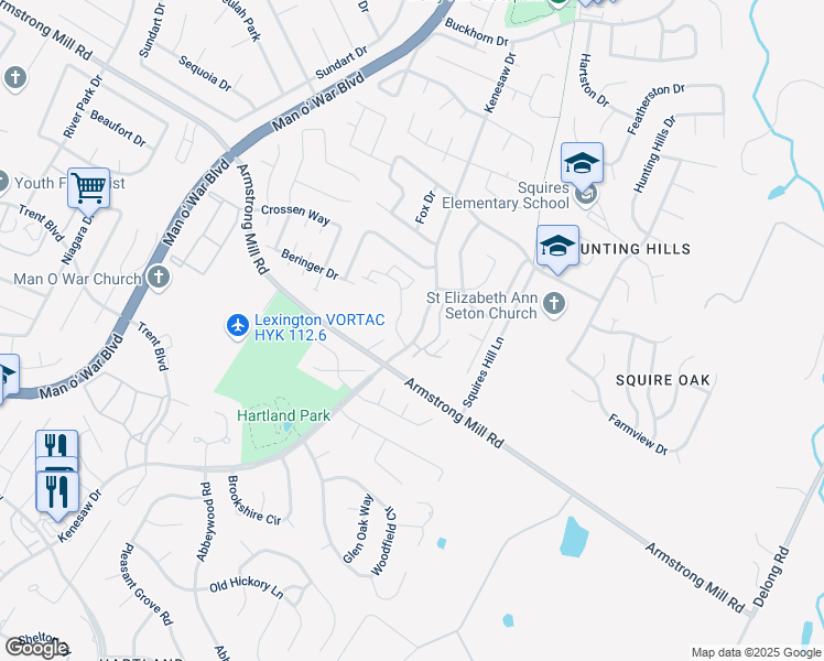 map of restaurants, bars, coffee shops, grocery stores, and more near 3523 Kenesaw Drive in Lexington