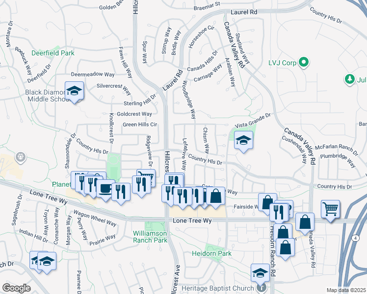 map of restaurants, bars, coffee shops, grocery stores, and more near 4866 Vinewood Way in Antioch