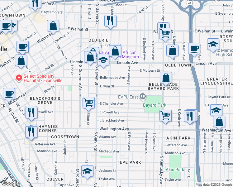 map of restaurants, bars, coffee shops, grocery stores, and more near 729 Bayard Park Drive in Evansville
