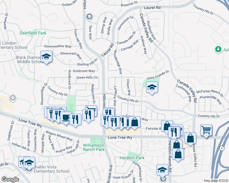 map of restaurants, bars, coffee shops, grocery stores, and more near 4866 Vinewood Way in Antioch