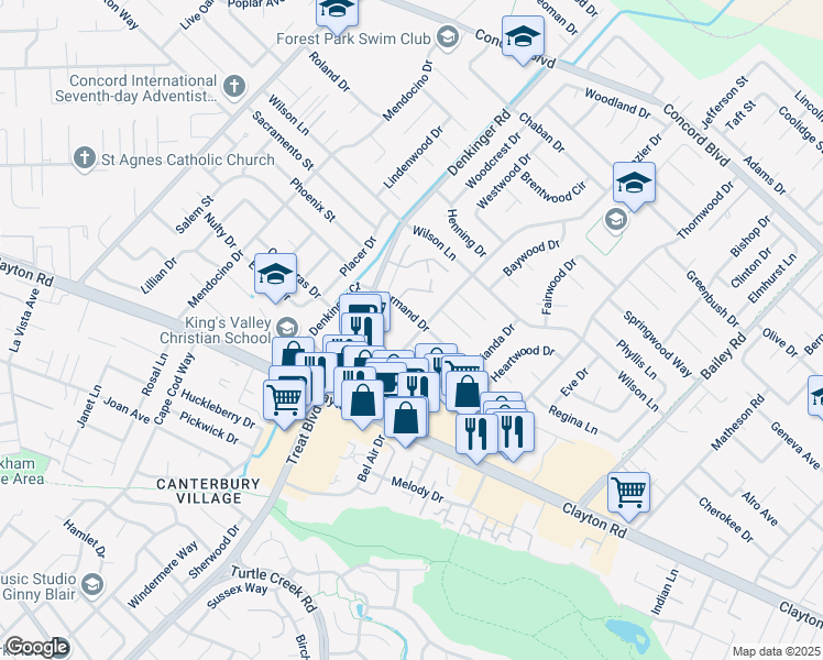 map of restaurants, bars, coffee shops, grocery stores, and more near 1591 Glazier Drive in Concord