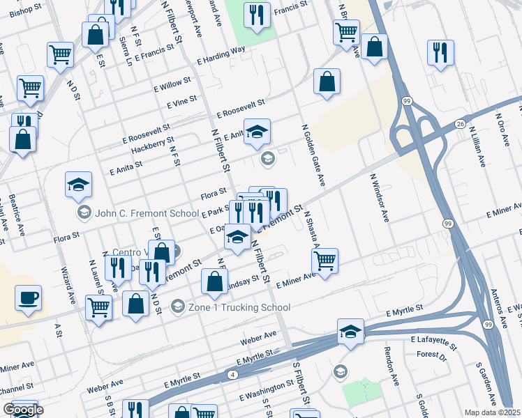 map of restaurants, bars, coffee shops, grocery stores, and more near 640 North Filbert Street in Stockton